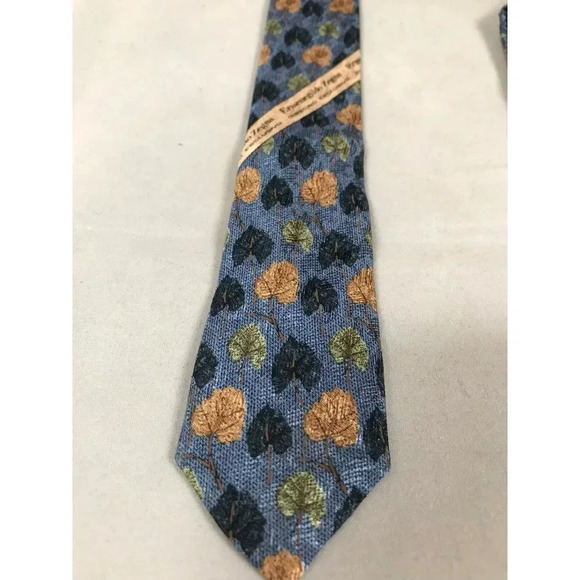 Ermenegildo Zegna Green Brown Tree Bush Leaves Blue 100% Silk Classic Neck Tie - Picture 5 of 7